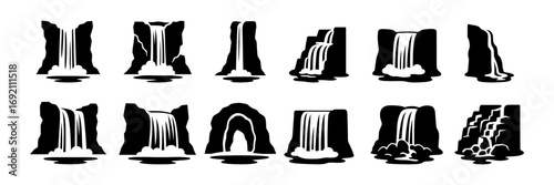 waterfall silhouettes icon set