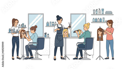 Diverse group of people practicing hairdressing techniques in a bright salon setting with mannequins and styling tools