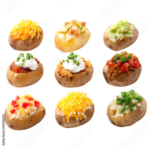 Assortment of baked potatoes with different toppings against a black background