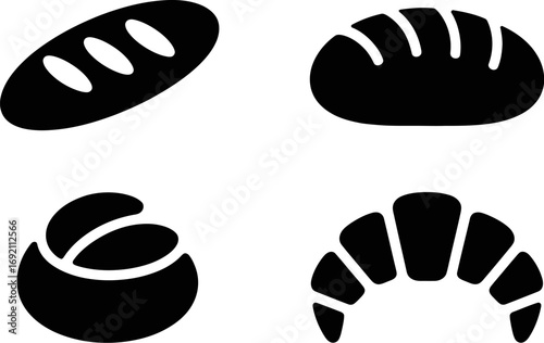 Simple black icons representing various baked goods like bread and croissant