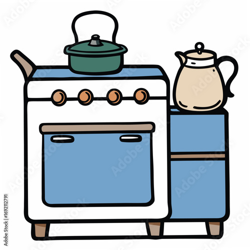Retro Stove with Kettle and Coffee Pot on White Background Keywords: cooking, kitchen, stove, oven, kettle