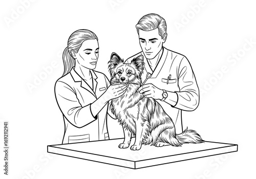 Veterinarian couple examining a Papillon dog with care in a clinic