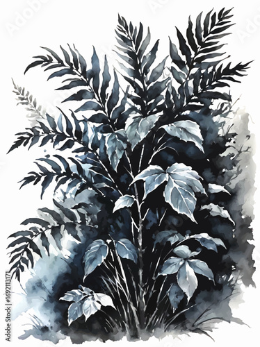 black and white foliage ink painting with fern vector illustration