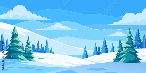 vector graphics, landscape, sky, clouds, forest, mountains, stream, snow, ice, trees, bushes, pine needles, thawed patches, snowdrifts, fjords, meadows, glades, wind, freshness