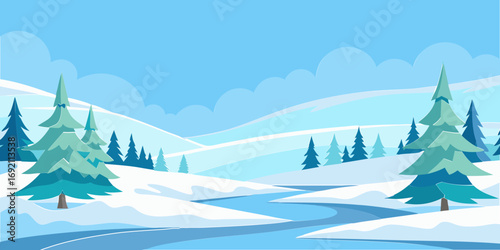 vector graphics, landscape, sky, clouds, forest, mountains, stream, snow, ice, trees, bushes, pine needles, thawed patches, snowdrifts, fjords, meadows, glades, wind, freshness