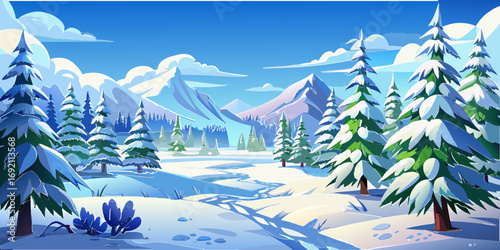 vector graphics, landscape, sky, clouds, forest, mountains, stream, snow, ice, trees, bushes, pine needles, thawed patches, snowdrifts, fjords, meadows, glades, wind, freshness