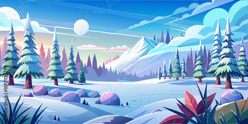 vector graphics, landscape, sky, clouds, forest, mountains, stream, snow, ice, trees, bushes, pine needles, thawed patches, snowdrifts, fjords, meadows, glades, wind, freshness