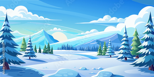vector graphics, landscape, sky, clouds, forest, mountains, stream, snow, ice, trees, bushes, pine needles, thawed patches, snowdrifts, fjords, meadows, glades, wind, freshness