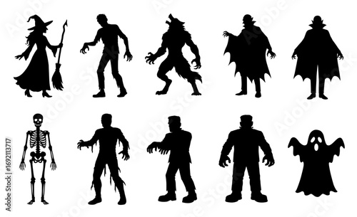 Halloween monsters silhouettes set. Witch, zombie, Dracula vampire and werewolf. Skeleton, mummy, ghost and Frankenstein monster. Cartoon characters flat vector illustrations.