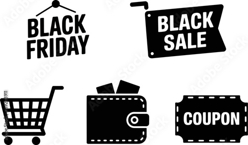 Black Friday sale icons: shopping cart, wallet, coupon, and sale tags for holiday shopping and retail promotions.