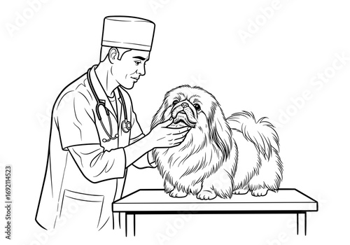 Veterinarian checking teeth of Pekingese dog with gentle touch in veterinary clinic