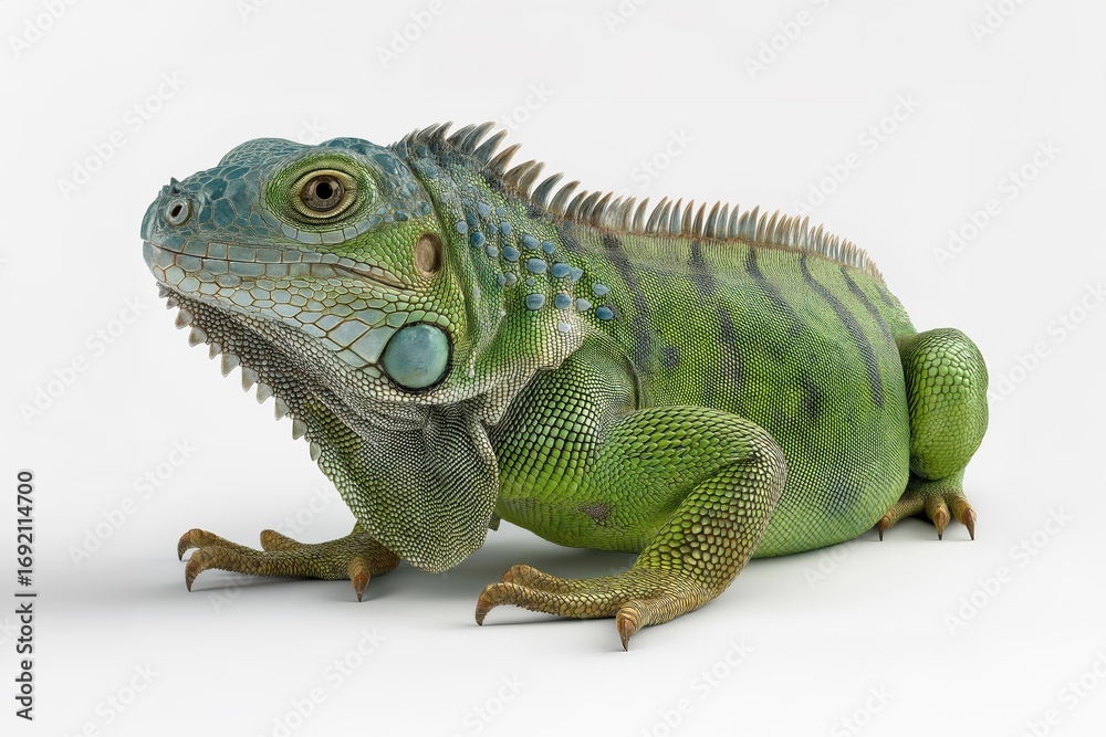 Fototapeta premium Green iguana resting on white background: studio shot