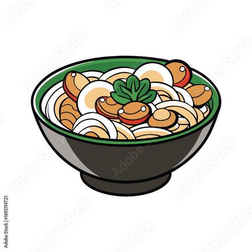 Delicious udon noodle bowl with fresh mushrooms and vibrant green vegetables presented on a clean white background