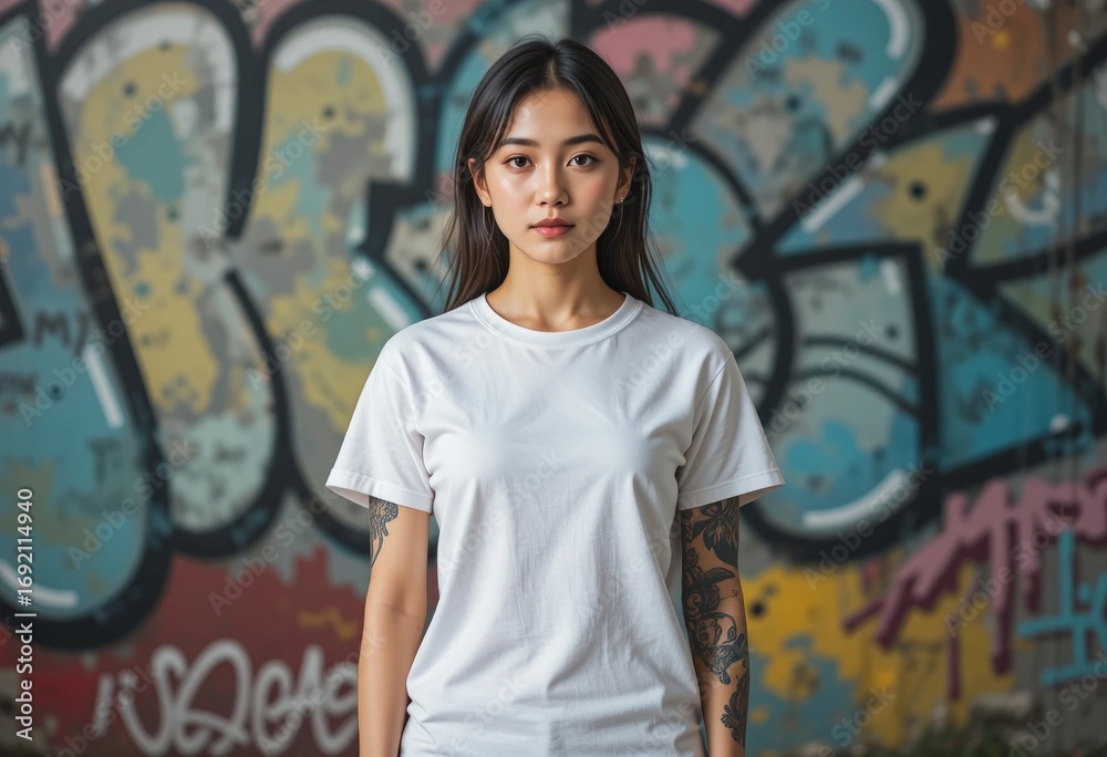 Naklejka premium White t-shirt mock up portrait of a asian beautiful girl in studio with graffiti in background