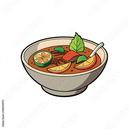 Authentic vietnamese pho soup with fresh herbs beef and zesty lime illustration