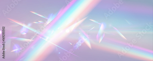 Iridescent crystal prism flare with soft rainbow streaks and glowing refraction on a transparent background. The light leaks and sparkle give a magical, dreamy look. Ideal for modern design overlays.