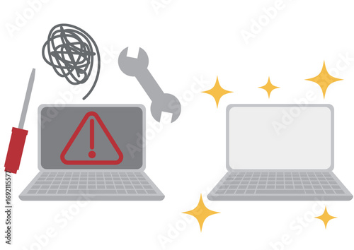 パソコンの故障とその後の復旧をイメージしたイラスト