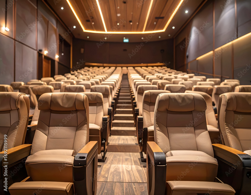 Fototapeta premium Empty Beige Chairs in a Modern Auditorium with Warm Lighting
