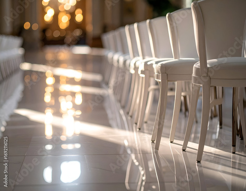 Empty Hall with Symmetrical White Chairs and Dim Lighting