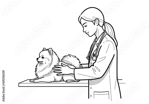 Veterinarian female examining Pomeranian dog with calm demeanor in clinic setting