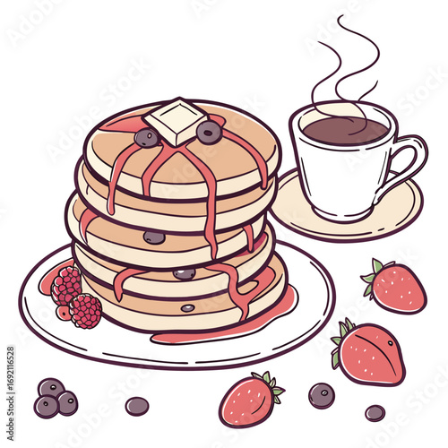 Stack of pancakes with berries and coffee on white background Keywords: pancakes, stack, breakfast, food