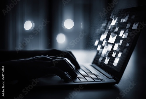 Silhouette of hands typing on a laptop at night, email notifications flooding the screen