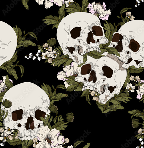 Vector seamless background. Wreaths of garden flowers and skulls.