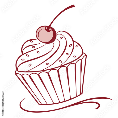 Stylized drawing of a cupcake with cherry and decorative swirls in maroon dessert sweet