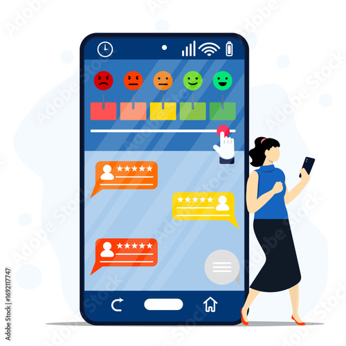 Illustration of woman using smartphone to give online feedback. Selecting satisfaction rating with emoji scale, showing reviews and ratings on mobile app interface