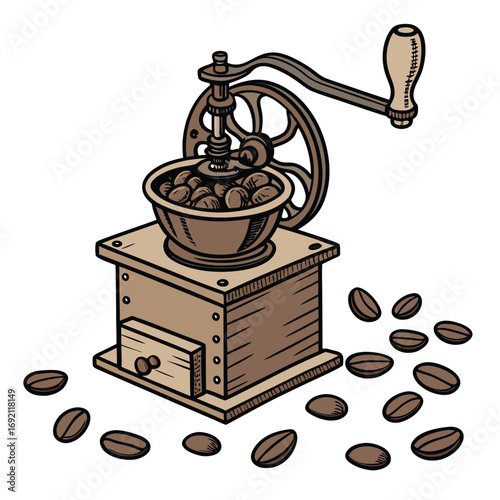 Vintage coffee grinder with wooden box and scattered coffee beans Keywords: coffee grinder, vintage