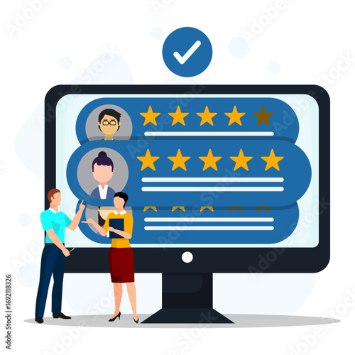 Illustration of employee evaluation with star ratings on a large screen, showing teamwork, performance review, feedback, and recruitment process in business management.