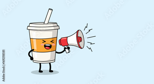 Excited cartoon coffee cup character shouting into a megaphone announcing something fun