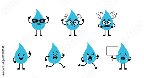 Cartoon droplet characters displaying diverse emotions and reactions