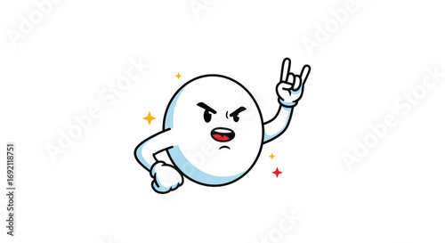 Energetic white blob character making rock hand gesture expressing excitement and power