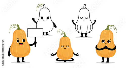 Whimsical butternut squash characters displaying various emotions and actions