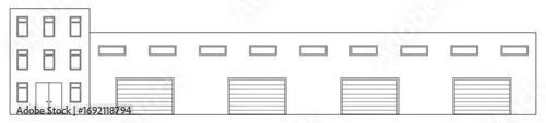 Warehouse building front view graphic black white long isolated sketch illustration vector 