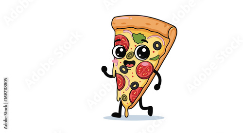 A happy walking pizza slice character with big eyes and arms and legs waving