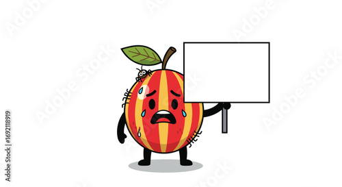 Crying fruit character holding a blank sign board with sad expression and tears