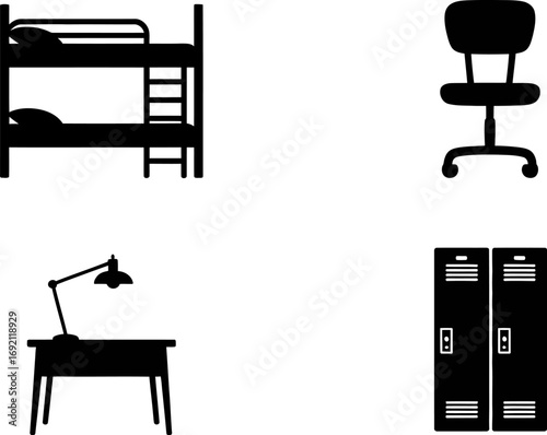 Essential dormitory furniture icons: bunk bed, desk lamp, chair, and lockers