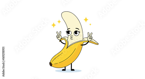 Cute peeled banana character with sparkles and happy face