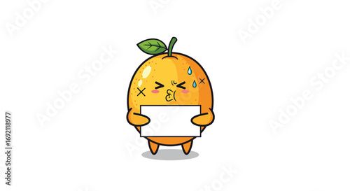 Cute orange character feeling dizzy holding a blank sign with pixel art style