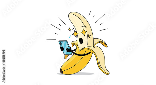 Funny animated banana character using a mobile phone for entertainment and communication