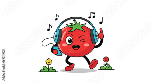 Happy cartoon tomato dancing and listening to music outdoors among flowers