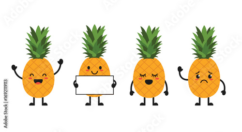 Cute funny cartoon pineapples with different emotions and expressions waving holding sign angry sad