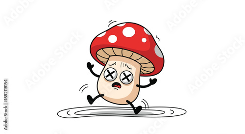A frightened mushroom character falling down with dead eyes and trembling limbs