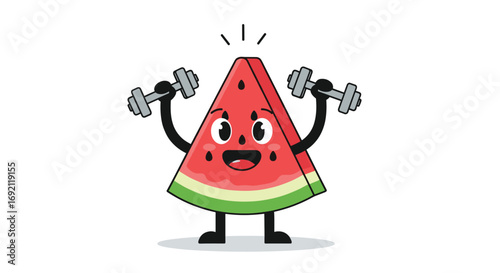 Funny cartoon watermelon character lifting weights and getting fit
