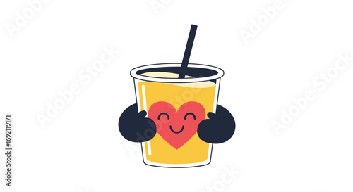 Cute yellow drink with happy heart and arms holding itself