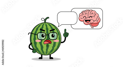 Smart watermelon character thinking about brain and knowledge with glasses and expressing wisdom
