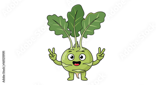 Cute kawaii kohlrabi vegetable character making peace signs with big smile