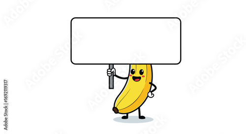 Happy banana character holding blank sign board for message and advertising